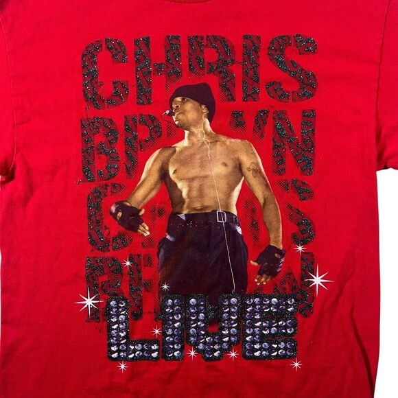 Vtg Chris Brown Live Concert Tour Graphic Shirt Mens Medium Pop Red Glitter Y2K - Picture 3 of 12